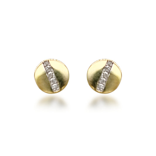 14K Gold Round With Diamond Strip Stud Earrings