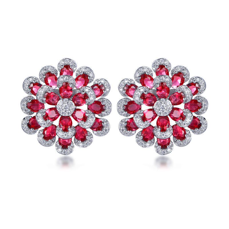 Rhodium Plated Sterling Silver Colorful Multi-Petal Flower and Micropave Stud Earrings
