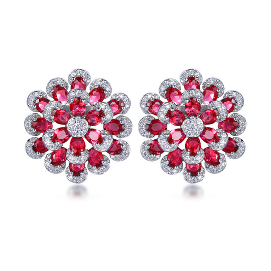 Rhodium Plated Sterling Silver Colorful Multi-Petal Flower and Micropave Stud Earrings