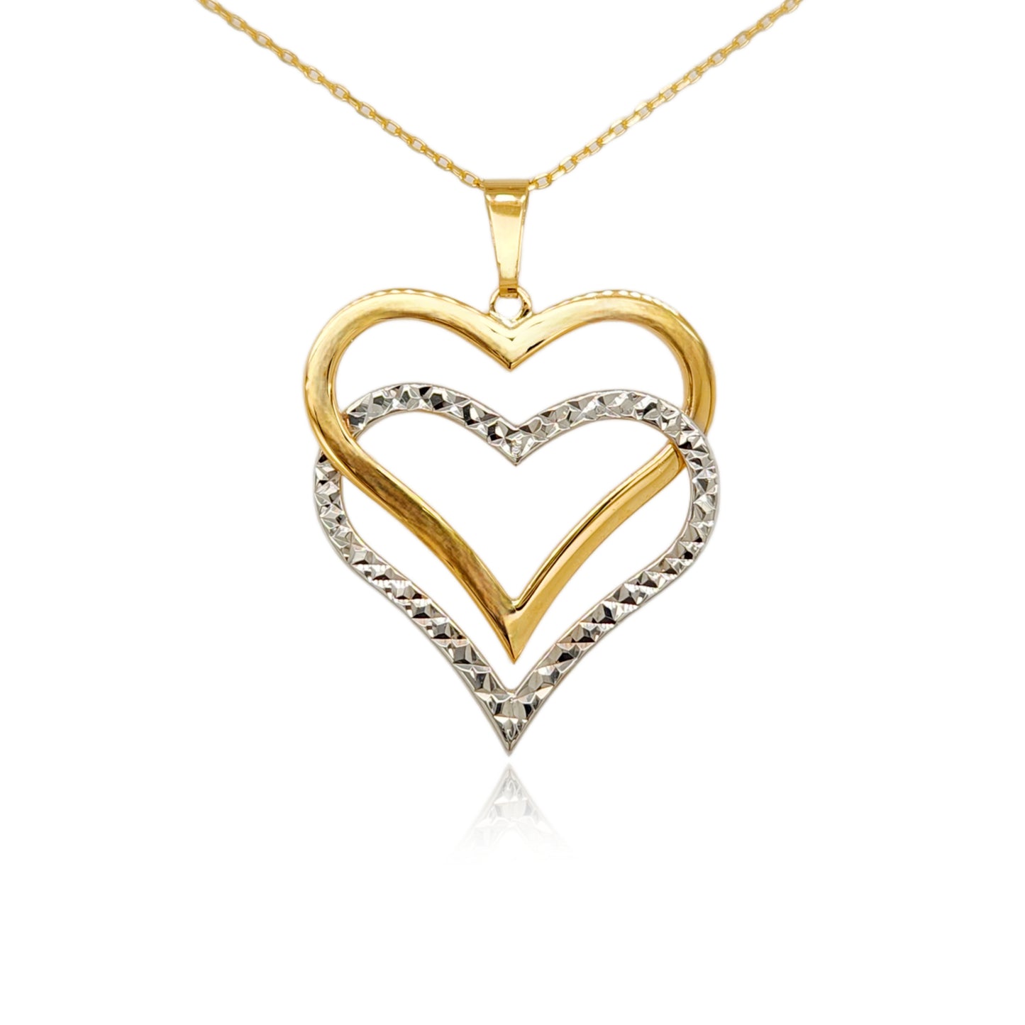 14k Gold Shiny Heart on Rhodium Diamond Cut Heart Pendant Necklace