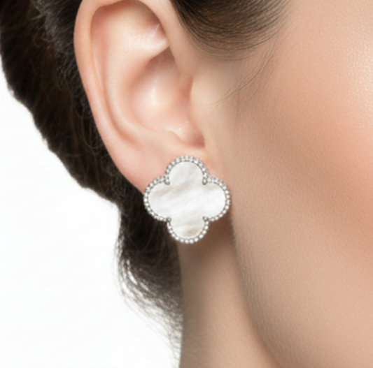 Sterling Silver Large Clover Mother of Pearl Stud Earring