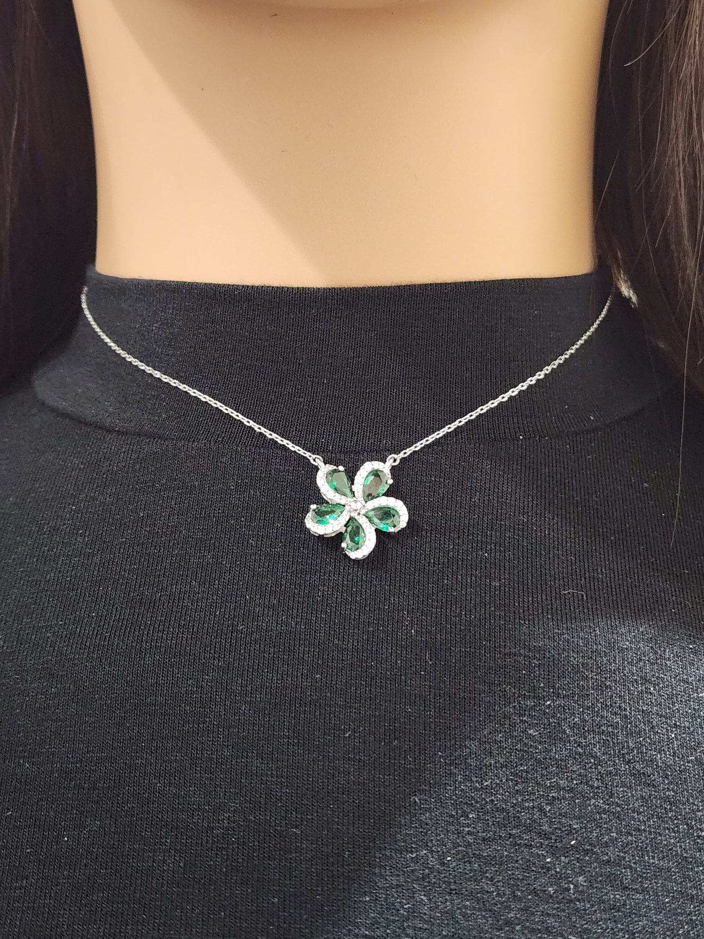 Sterling Silver 5 Petal Colored Stone Micropave Swirl Flower Necklace