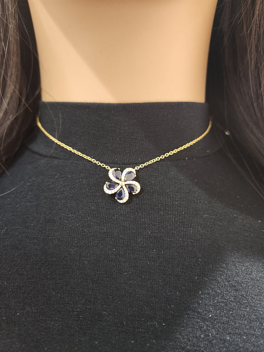 Gold Plated Sterling Silver 5 Color Stone Petal Micropave Swirl Flower Necklace