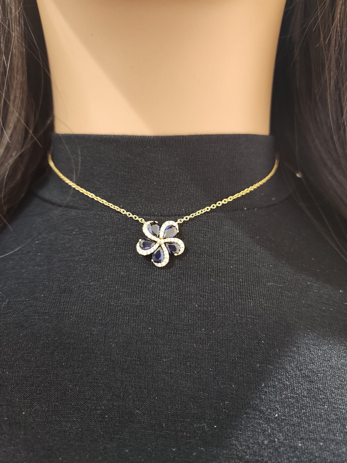 Sterling Silver 5 Petal Colored Stone Micropave Swirl Flower Necklace