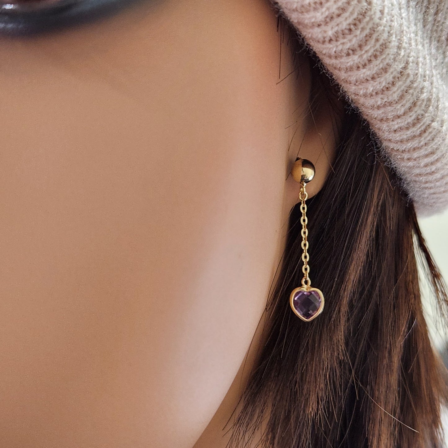 14k Gold Ball with Purple Amethyst Heart Dangle Earrings