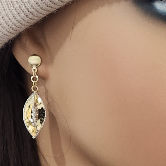 14K Gold Dangling Marquise Shape Swirl Diamond Cut Earrings