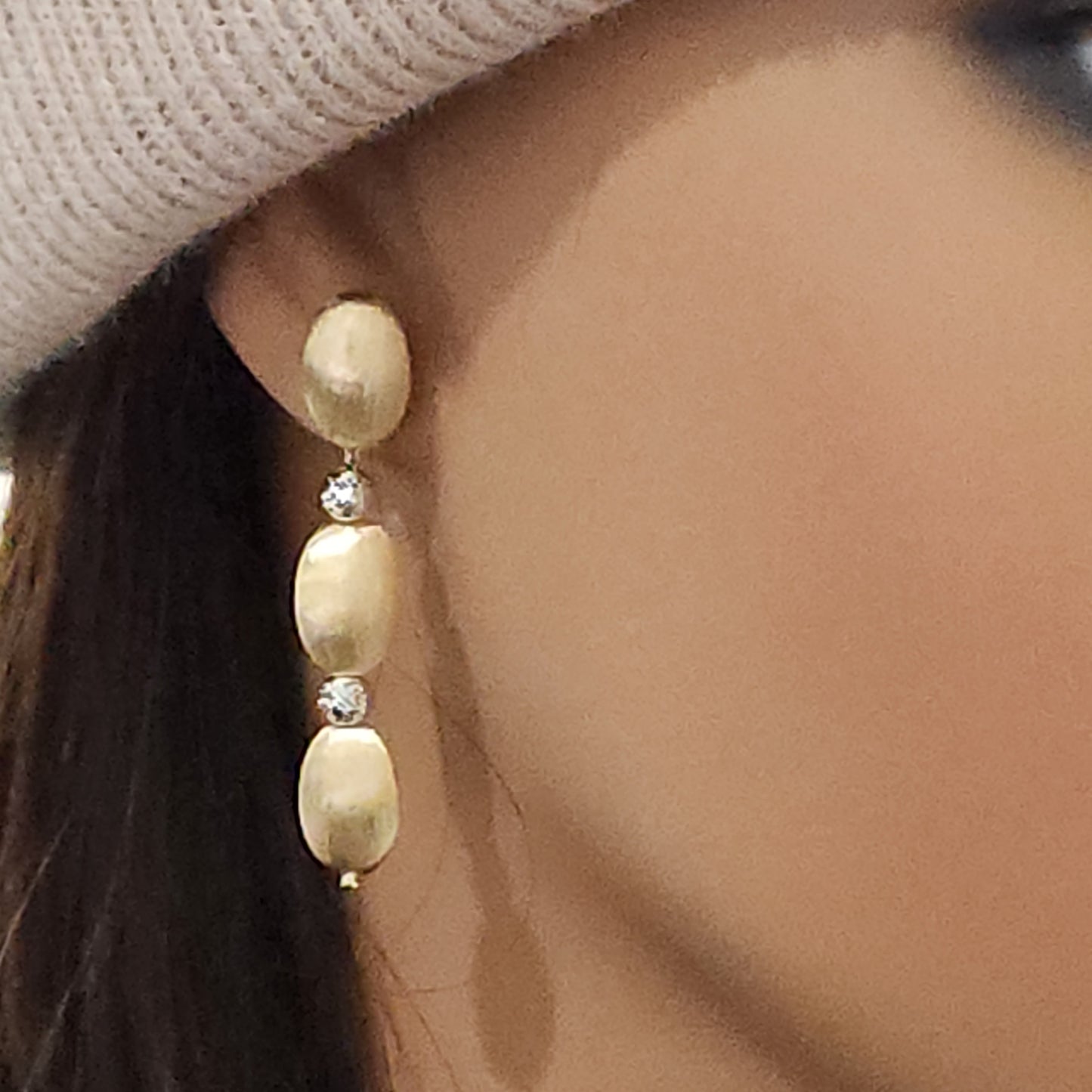 14K Brushed Gold Three Oval Diamond Cut Earrings