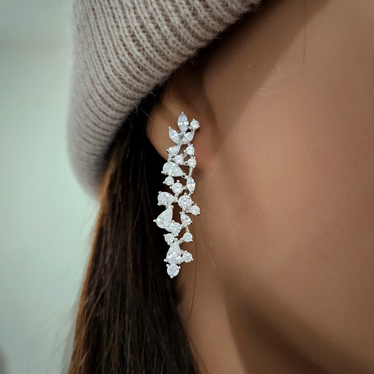 Rhodium Plated Sterling Silver Cascading Fancy Shape CZ Earring