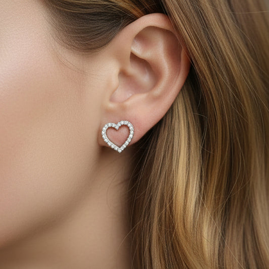 10K Gold Diamond Heart Outline Stud Earrings