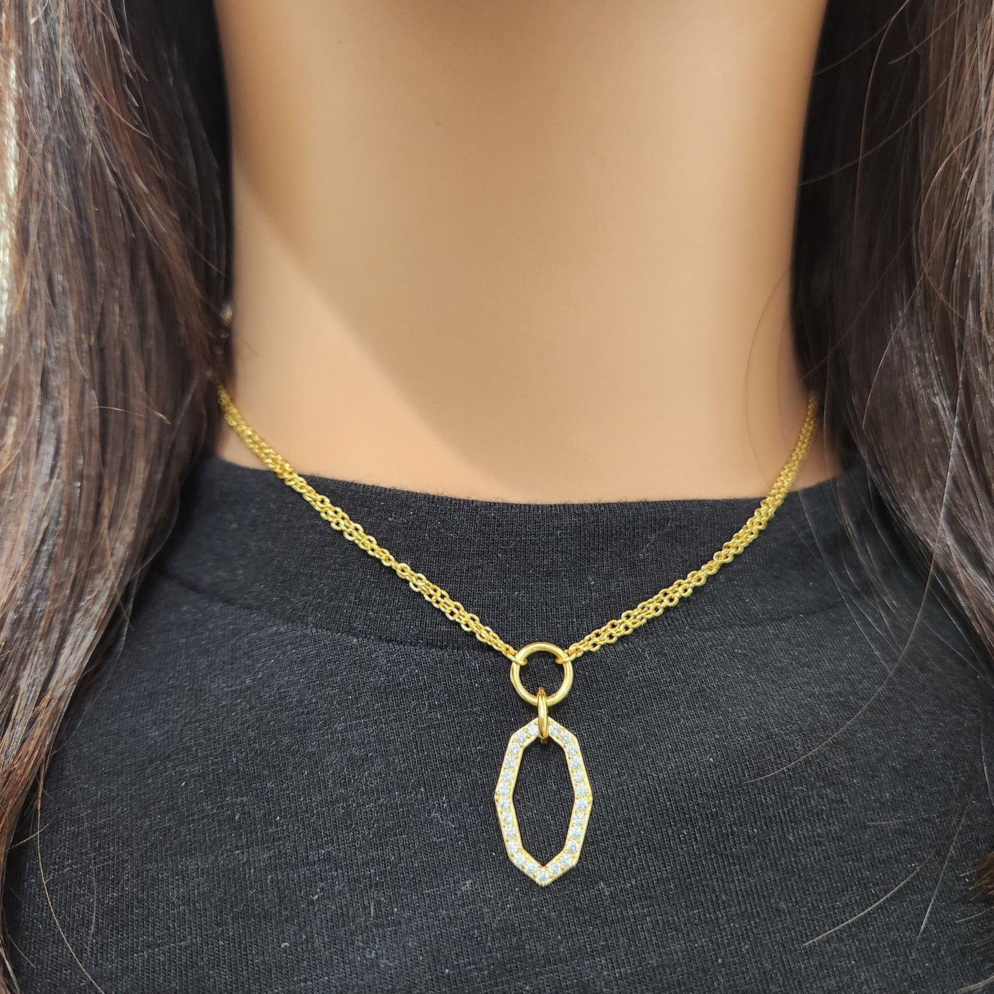 Sterling Silver Gold Plated Hexagon Shape on Double Chain Necklace