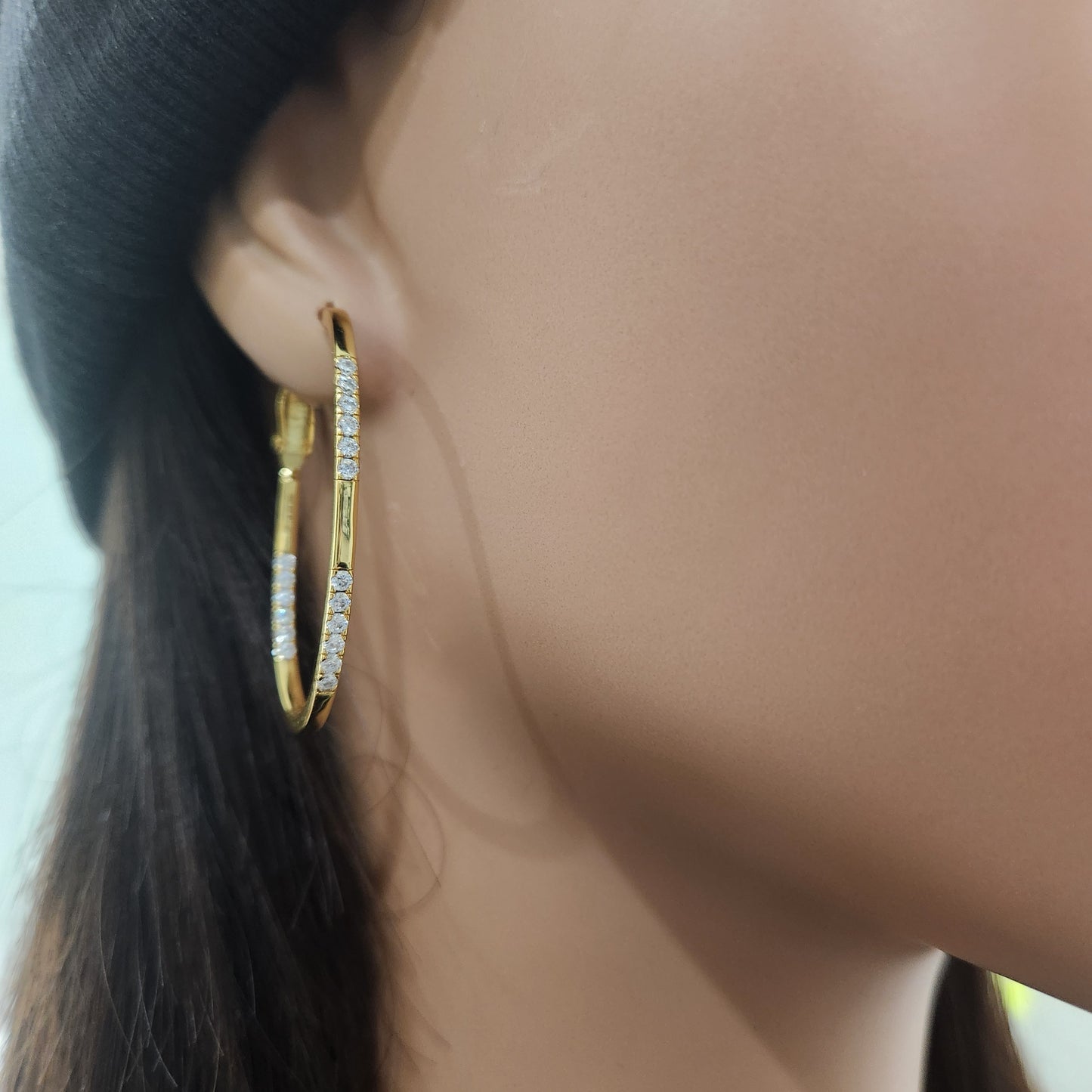 Sterling Silver Thin Oval With CZ Hoops Earrings