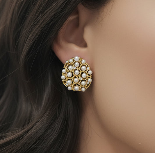 Sterling Silver Gold Plated With Small Pearls and CZs Stud Earring