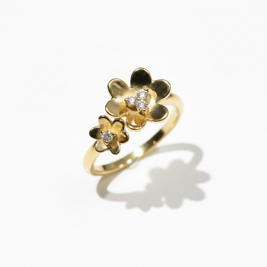 Gold Plated Sterling Silver Shiny Double Flower With CZ Size 8 Ring
