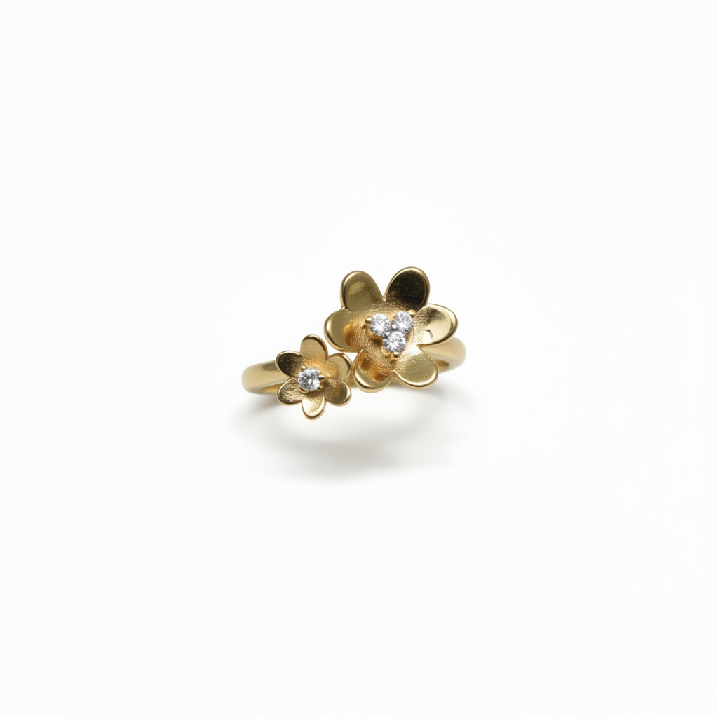 Gold Plated Sterling Silver Shiny Double Flower With CZ Size 8 Ring