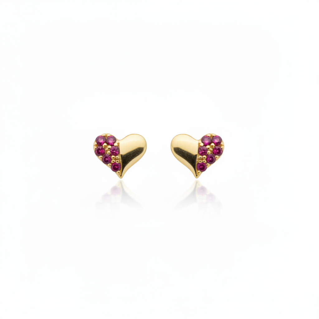 14K Gold Half CZ Heart Stud Earrings - Screwback