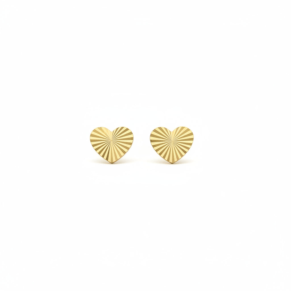 14K Gold Sunburst Heart Stud Earrings - Screwback