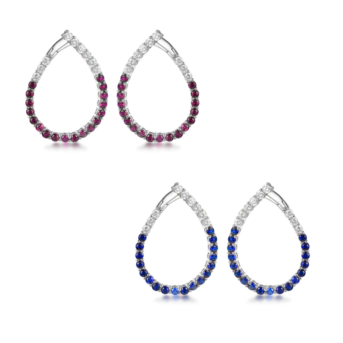Sterling Silver Clear and Sapphire or Ruby CZ Front Back Teardrop Earrings