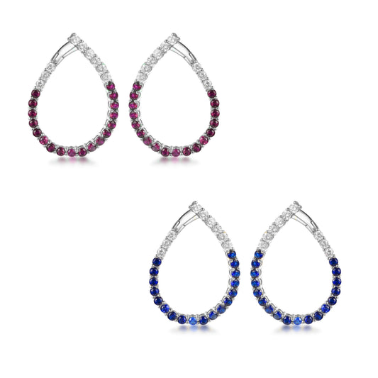 Sterling Silver Clear and Sapphire or Ruby CZ Front Back Teardrop Earrings