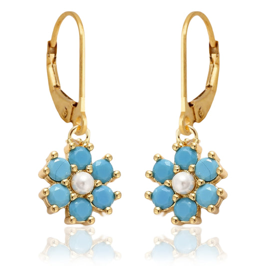 Color Stone and Pearl 7 Petal Flower Surgical Steel Earrings
