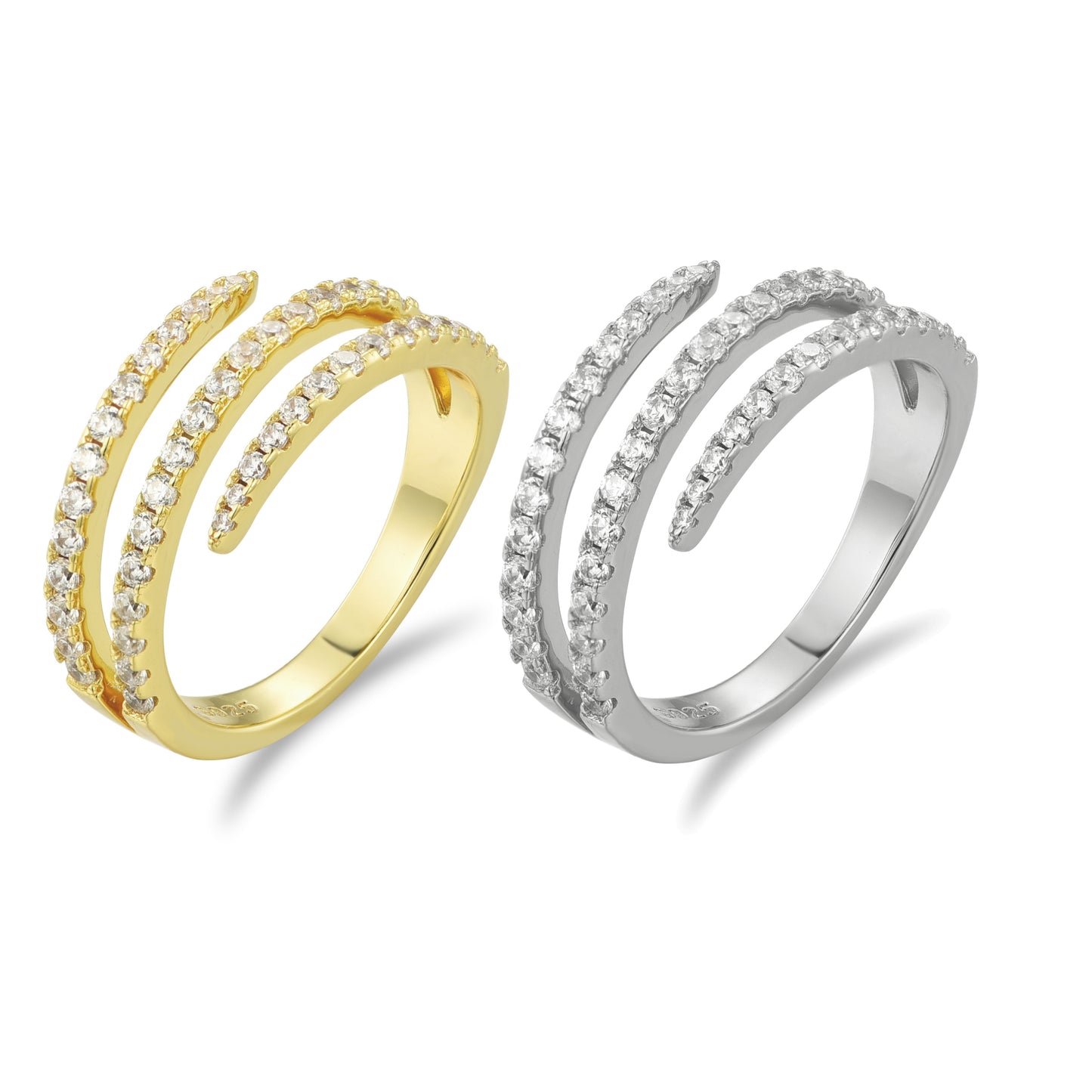 Sterling Silver Triple Swirl Bypass Micropave Ring in Rhodium Plated or Micron Gold Plated