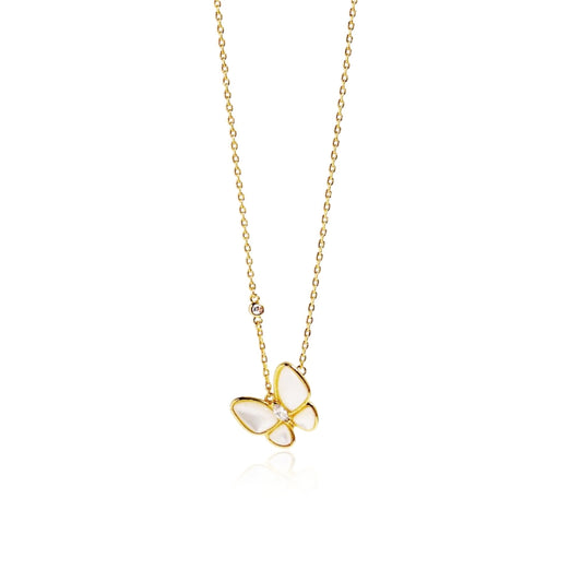 Sterling Silver Angled Mother of Pearl CZ Butterfly Necklace