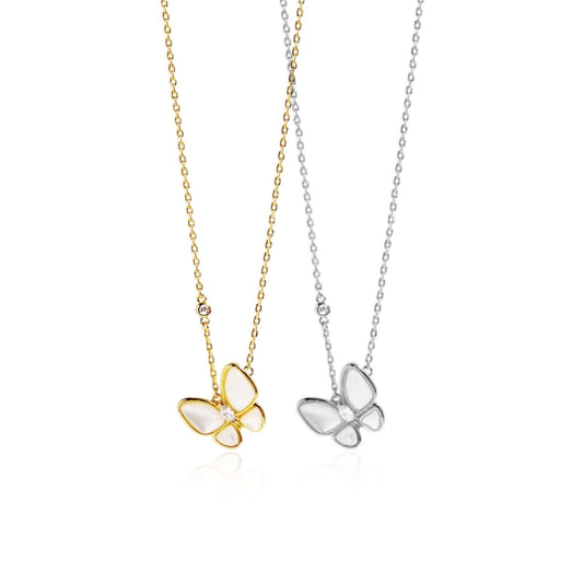 Sterling Silver Angled Mother of Pearl CZ Butterfly Necklace