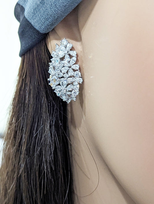 Sterling Silver Large Teardrop Cluster CZ Stud Earrings