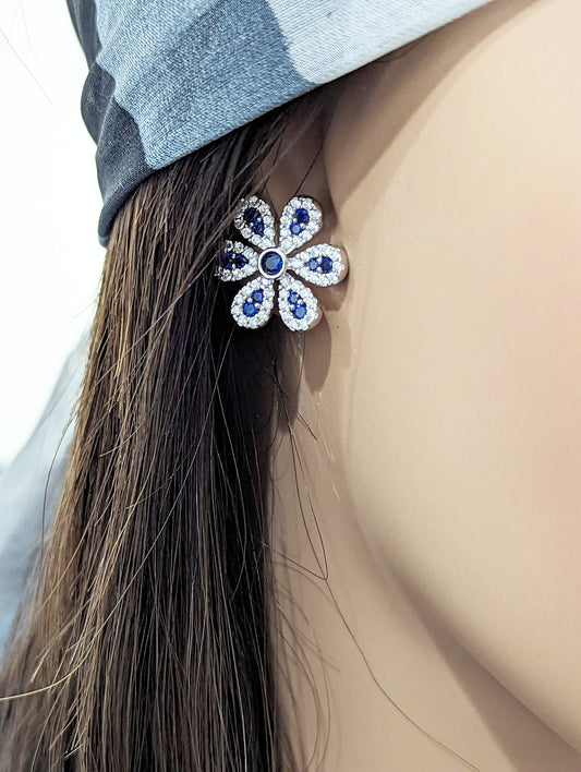 Sterling Silver Clear With Ruby or Sapphire CZ Flower Stud Earring