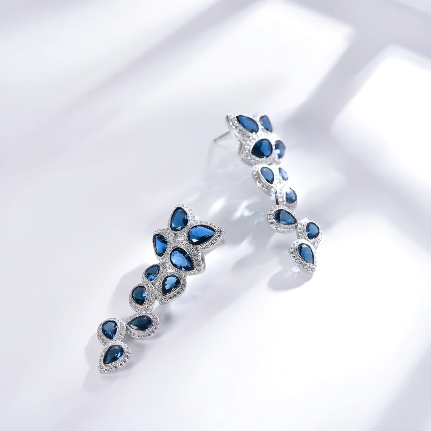 Rhodium Plated Sterling Silver Large Sapphire CZ Floral Earring