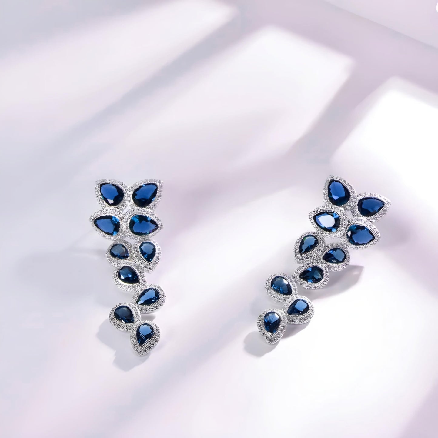 Rhodium Plated Sterling Silver Large Sapphire CZ Floral Earring