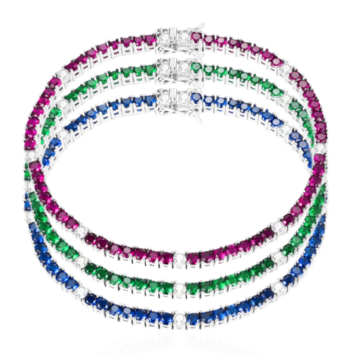 Sterling Silver Ruby, Emerald, and Sapphire Colored CZ Stone Bracelet