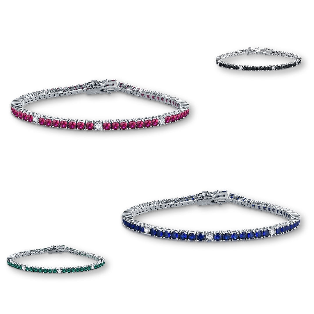 Sterling Silver Ruby, Emerald, Sapphire, or Black Colored CZ Stone Bracelet