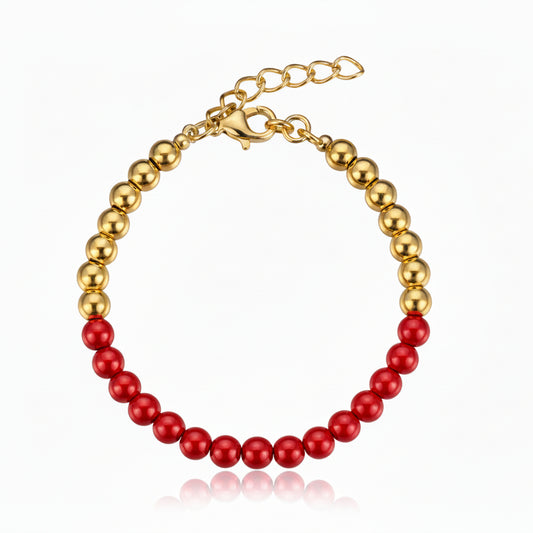 Gold Plated Sterling Silver 4mm Beads and Shell Pearls or Red Beads Bracelet