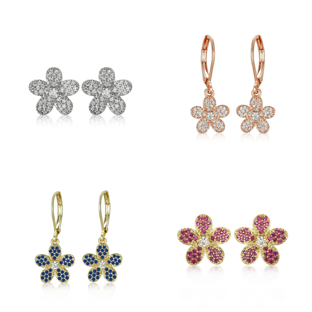 Surgical Steel 5 Petal Micropave Flower Stud Earrings