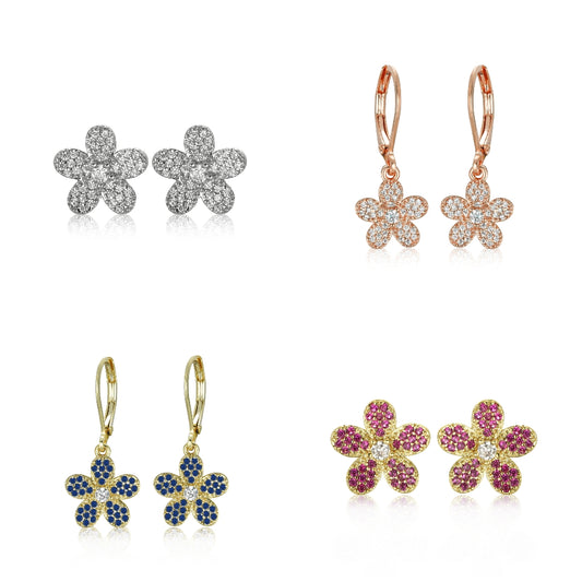 Surgical Steel 5 Petal Micropave Flower Stud Earrings