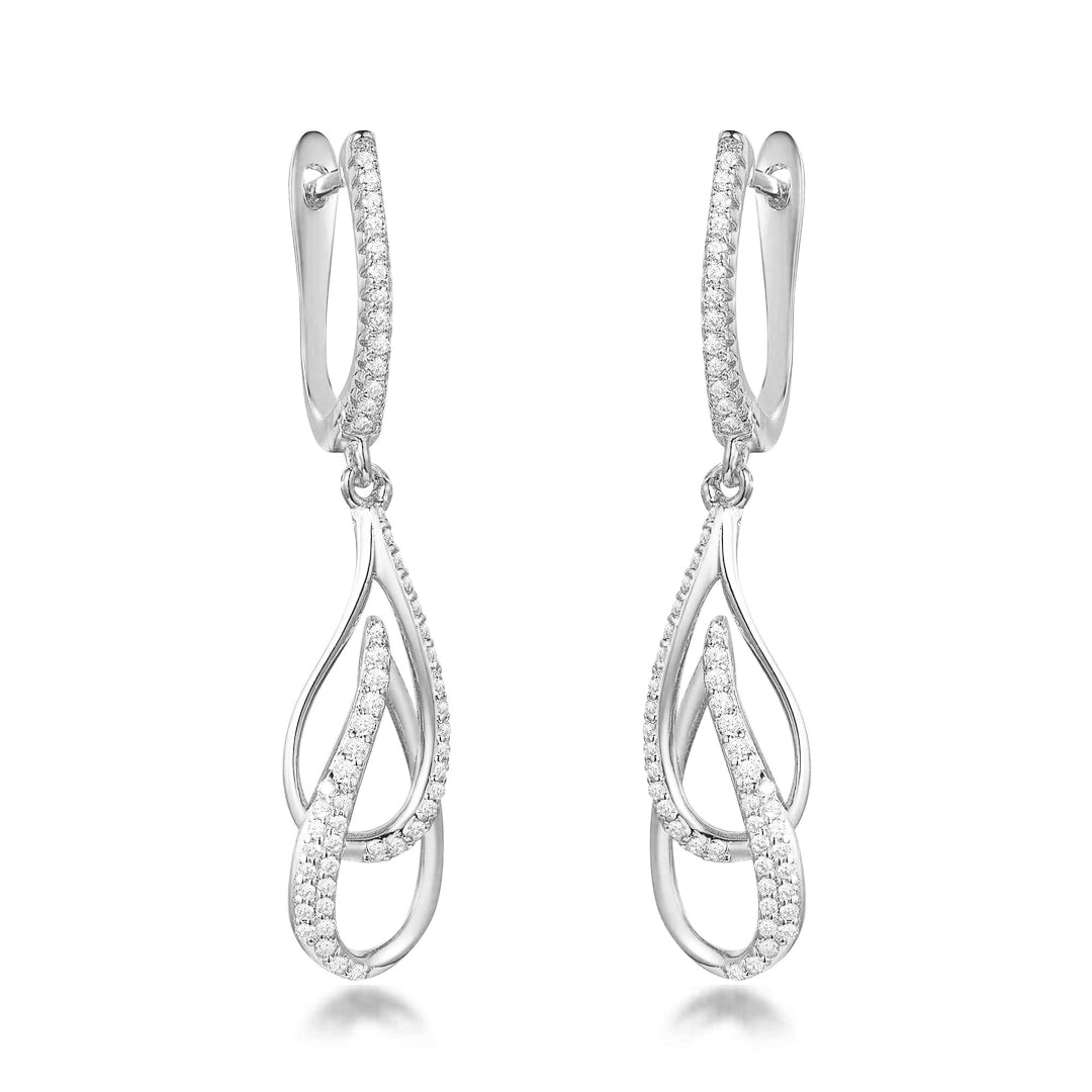Sterling Silver Double Leaf on English Back Micropave Link Earrings