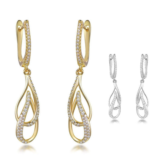 Sterling Silver Double Leaf on English Back Micropave Link Earrings