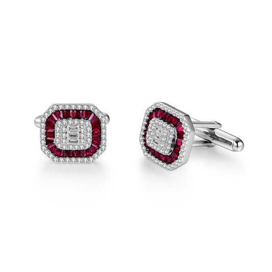 Rhodium Plated Sterling Silver Sapphire or Ruby CZ Baguettes Cufflinks
