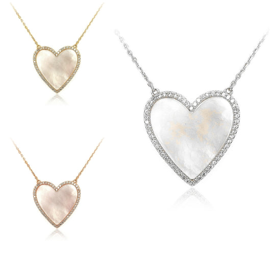 Sterling Silver Mother of Pearl Heart With CZ Border Necklace