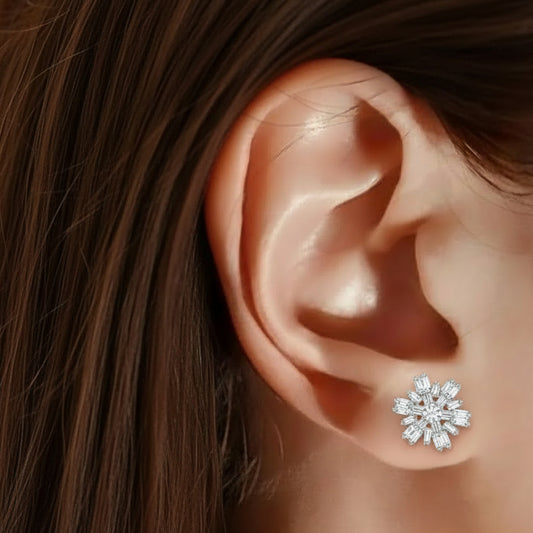 Sterling Silver Baguette Snowflake Stud Earrings