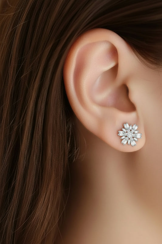 Sterling Silver Baguette Snowflake Stud Earrings