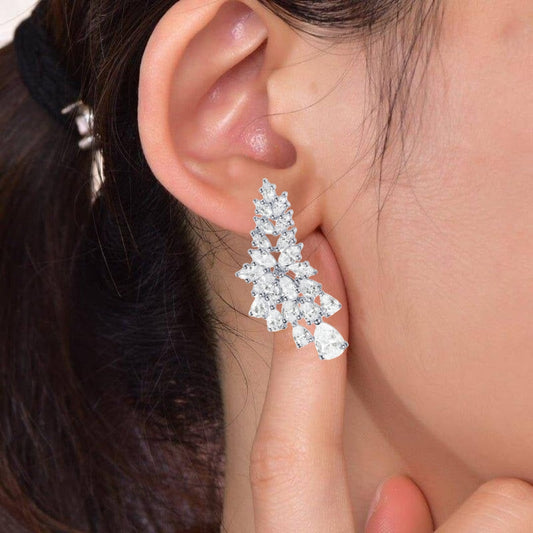 Rhodium Plated Sterling Silver Long Floral Stud Earrings
