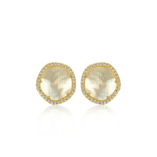 Gold-Plated Surgical Steel CZ Border With Mother of Pearl Natural Shape Stud Earrings