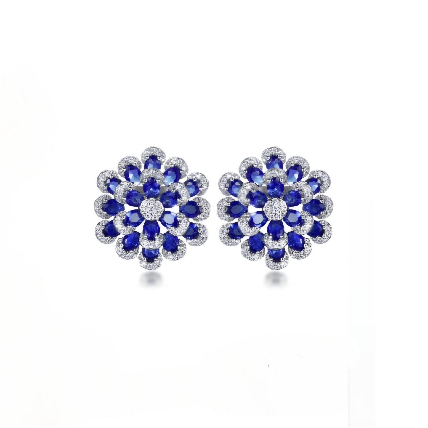 Rhodium Plated Sterling Silver Colorful Multi-Petal Flower and Micropave Stud Earrings