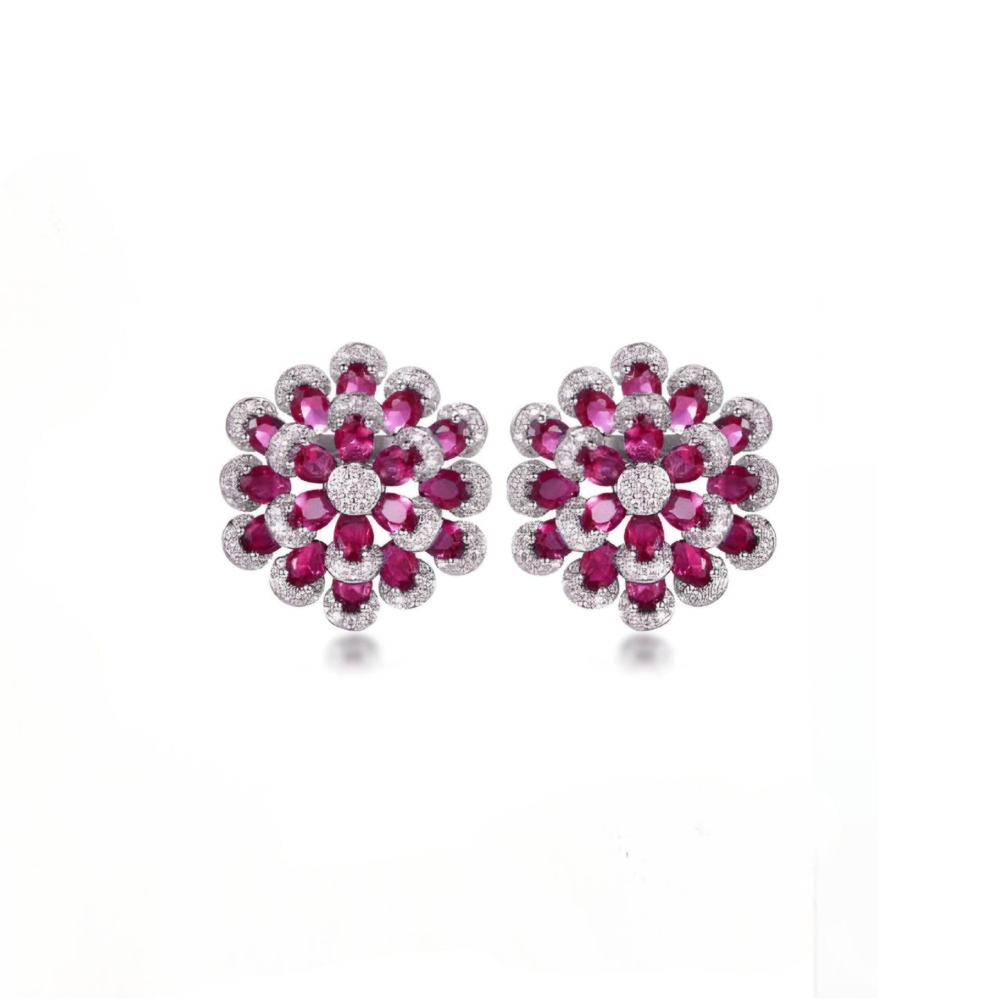 Rhodium Plated Sterling Silver Colorful Multi-Petal Flower and Micropave Stud Earrings
