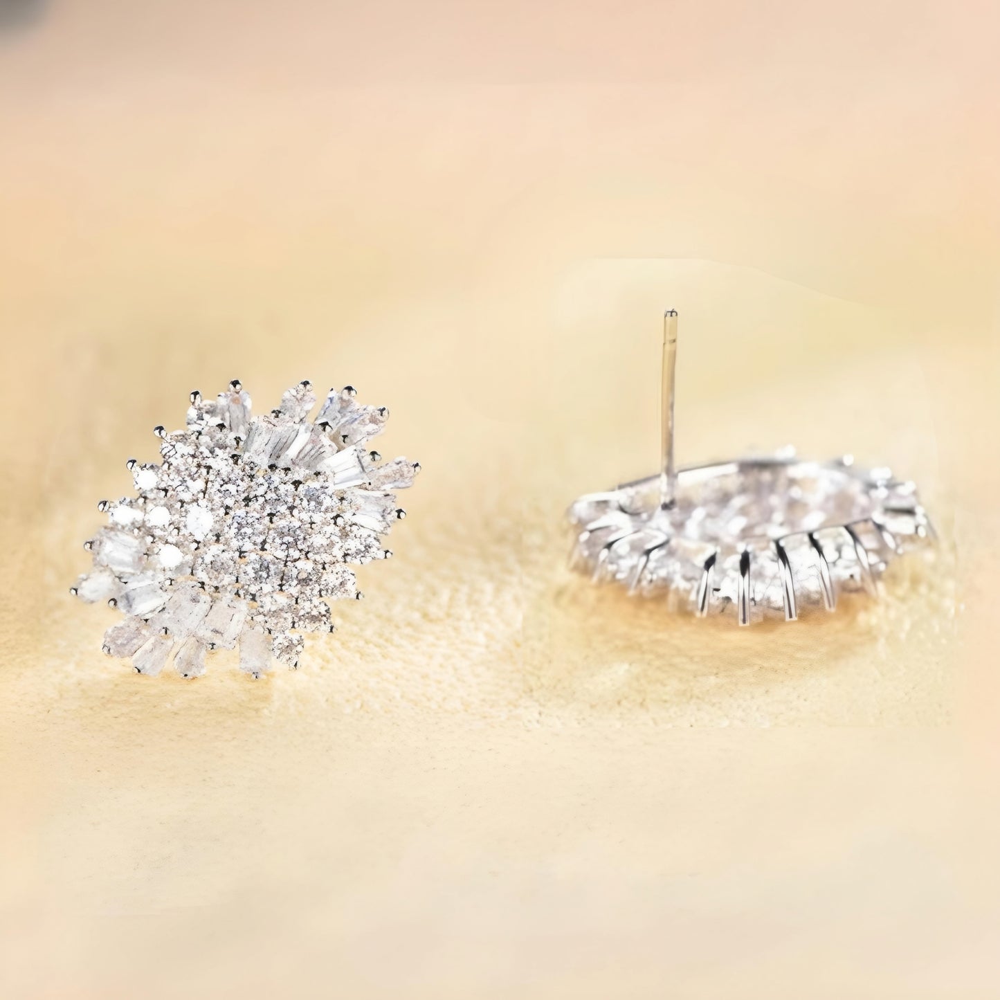 Rhodium Plated Sterling Silver Round and Baguette CZ Cluster Stud Earrings