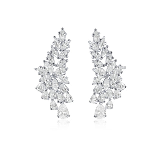 Rhodium Plated Sterling Silver Long Floral Stud Earrings