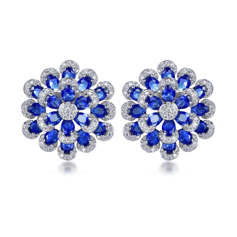 Rhodium Plated Sterling Silver Colorful Multi-Petal Flower and Micropave Stud Earrings