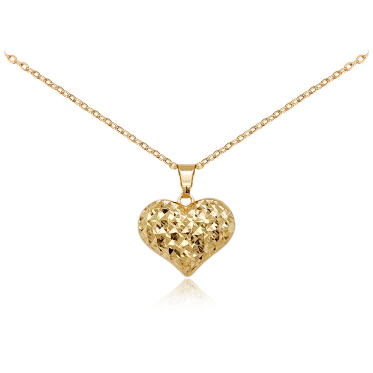 14k Gold Puffy Diamond Cut Small Heart Pendant Necklace