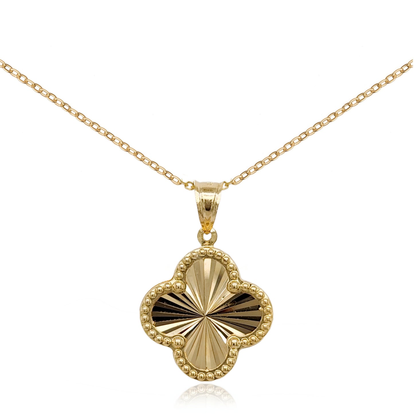 14k Gold Clover Sunburst Pendant Necklace with Beaded Border